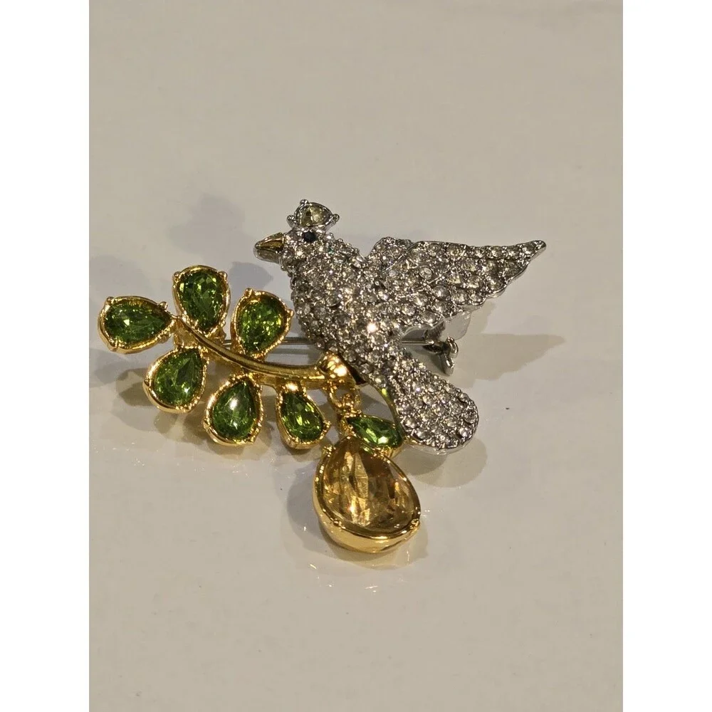 Talbots Jeweled Bird Brooch Rhinestone Green Crystal Branch Pin Figural #1397